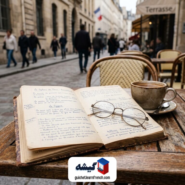 دفترچه یادداشت و کتاب آموزش زبان فرانسه در کافه