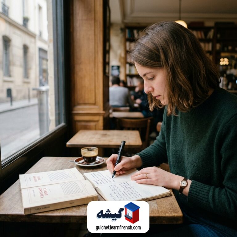 خواندن کتاب آموزش فرانسه و یادداشت‌برداری در کافه