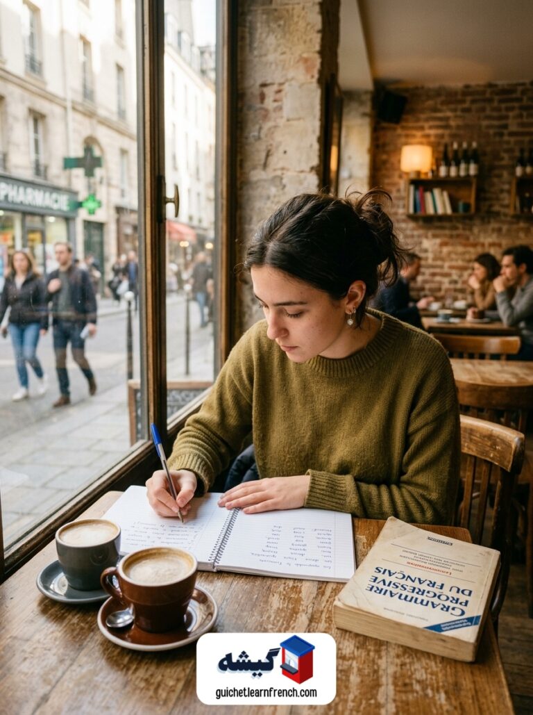 زبان‌آموز در حال یادداشت‌برداری و یادگیری اعداد فرانسوی