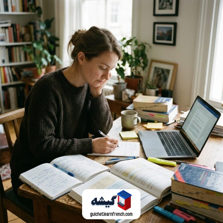 زبان‌آموز در حال برنامه‌ریزی زمان‌بندی یادگیری فرانسه