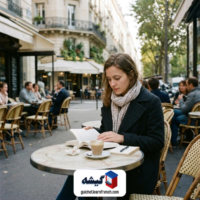 زبان آموز در حال مطالعه کتاب داستان فرانسوی در کافه