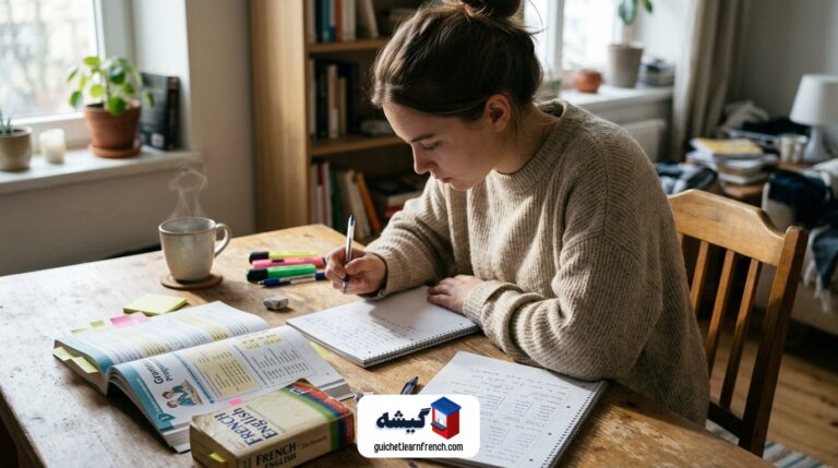 زبان‌آموز در حال مطالعه کتاب‌های آموزش زبان فرانسه