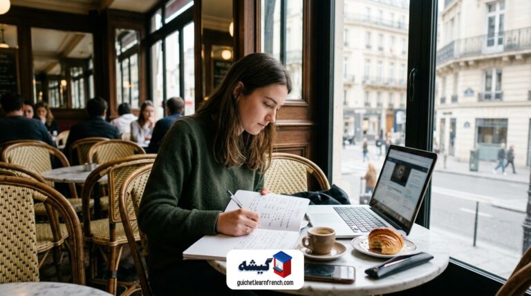 یادداشت‌برداری نکات گرامر زبان فرانسه در کافه