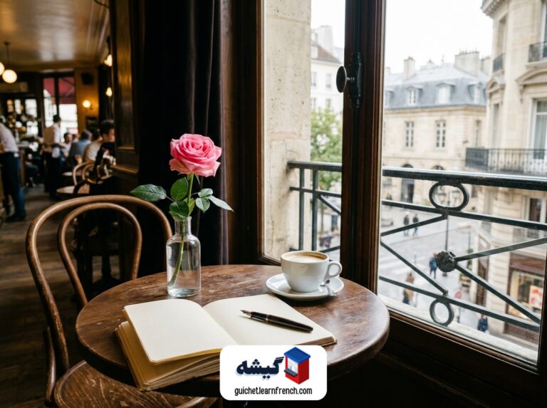 میز کافه فرانسوی با گل رز صورتی برای یادگیری زبان با ترانه ادیت پیاف