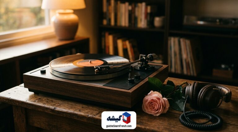 گرامافون قدیمی و گل رز صورتی نماد آهنگ فرانسوی لا وی ان روز ادیت پیاف