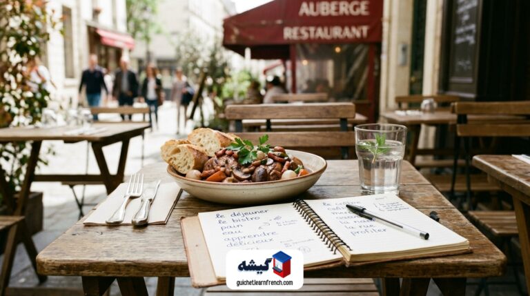 میز غذا در رستوران فرانسوی و یادداشت واژگان گیشه