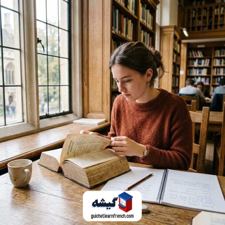 زبان‌آموز در حال بررسی لغات در دیکشنری فرانسوی