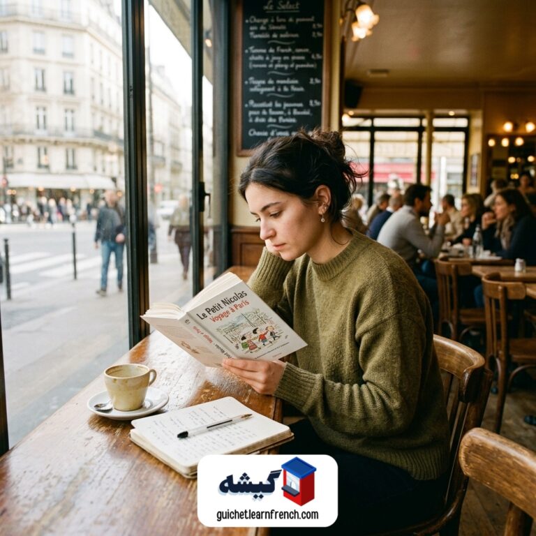 زبان آموز در حال مطالعه کتاب اصطلاحات فرانسوی در کافه