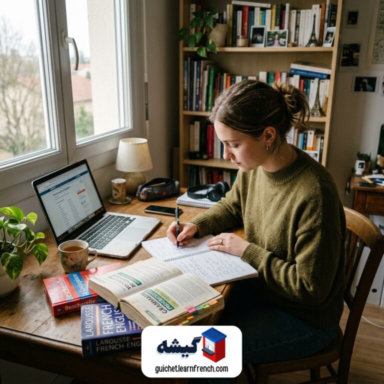 زبان‌آموز در حال تمرین زبان فرانسه با لپ‌تاپ در خانه