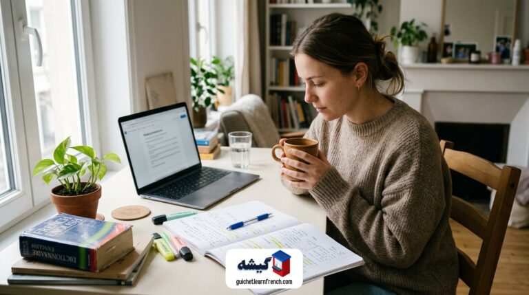 زبان آموز در حال یادگیری آنلاین فرانسه با لپ تاپ